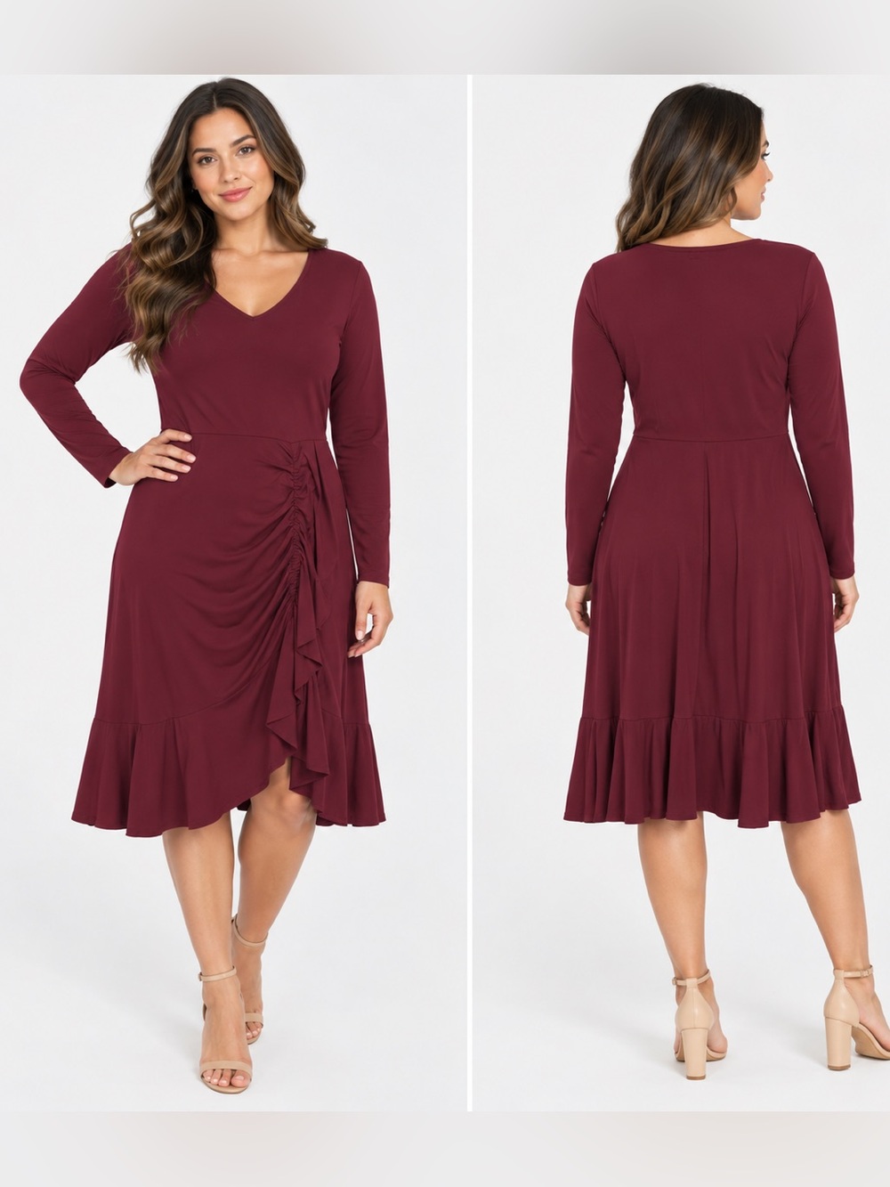 Women’s XL Burgundy V-Neck Ruched Ruffle Hem Long Sleeve Midi Dress